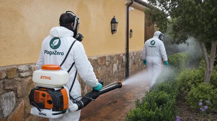 Técnicos de Fumtech fumigando con equipo de protección en Sant Feliu de Llobregat